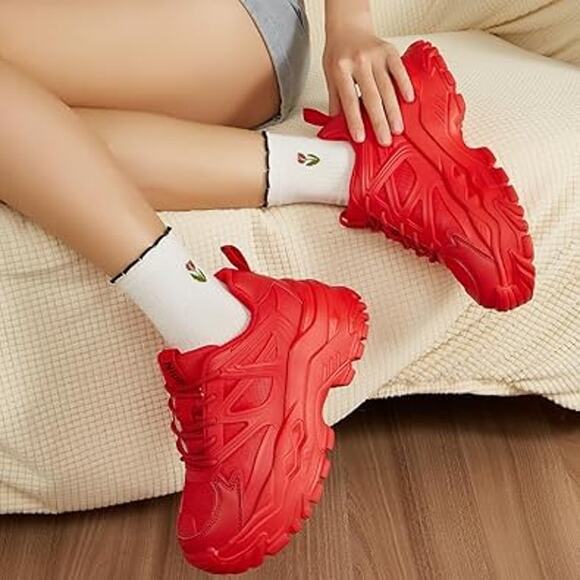 Niluber Womens Size 7 Red Chunky Lace Up NonSlip Platform Athletic Sneaker Shoes - Picture 6 of 7